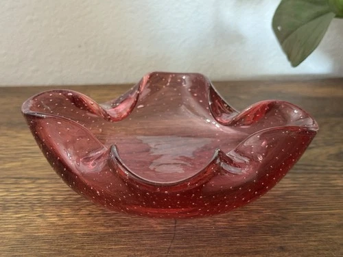 VTG Bullicante Murano Cranberry Pink Glass Controlled Bubble Art Bowl Ashtray