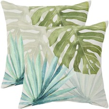 Tropical Pillow Covers 18x18 Set of 2 Summer Blue Green Palm Monstera Leaf Ou...
