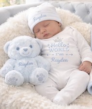 Newborn baby Boy Outfit ROMPER Hat Teddy Bear Blue Prince personalised PRINTED