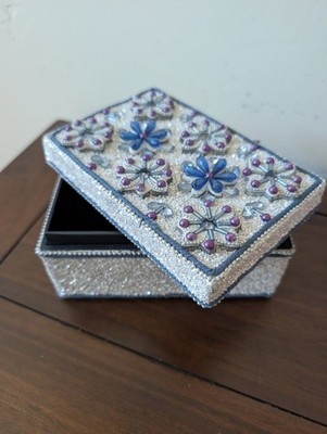 Blue Purple Silver Beaded Wooden Trinket Box Pre-owned 6 '' x 4'' x 3''