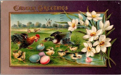 Vintage 1911 Easter Postcard Embossed Daffodils & Farmyard Scene