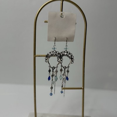 Free People Dangle Earrings Monty Silver Tone Blue Gem Festival Boho NWT