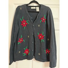 Women  s Vintage 90s White Stag Christmas Holiday Poinsettia Cardigan