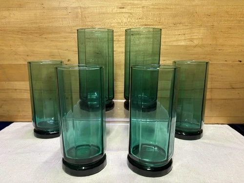 Set Of 6 Vintage Anchor Hocking Essex Green 16 Oz Tall 10-Sided Glasses - NICE!