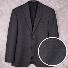 Jos A Bank Traveler Blazer Mens 44L Gray Blue Windowpane Plaid Wool Tailored Fit