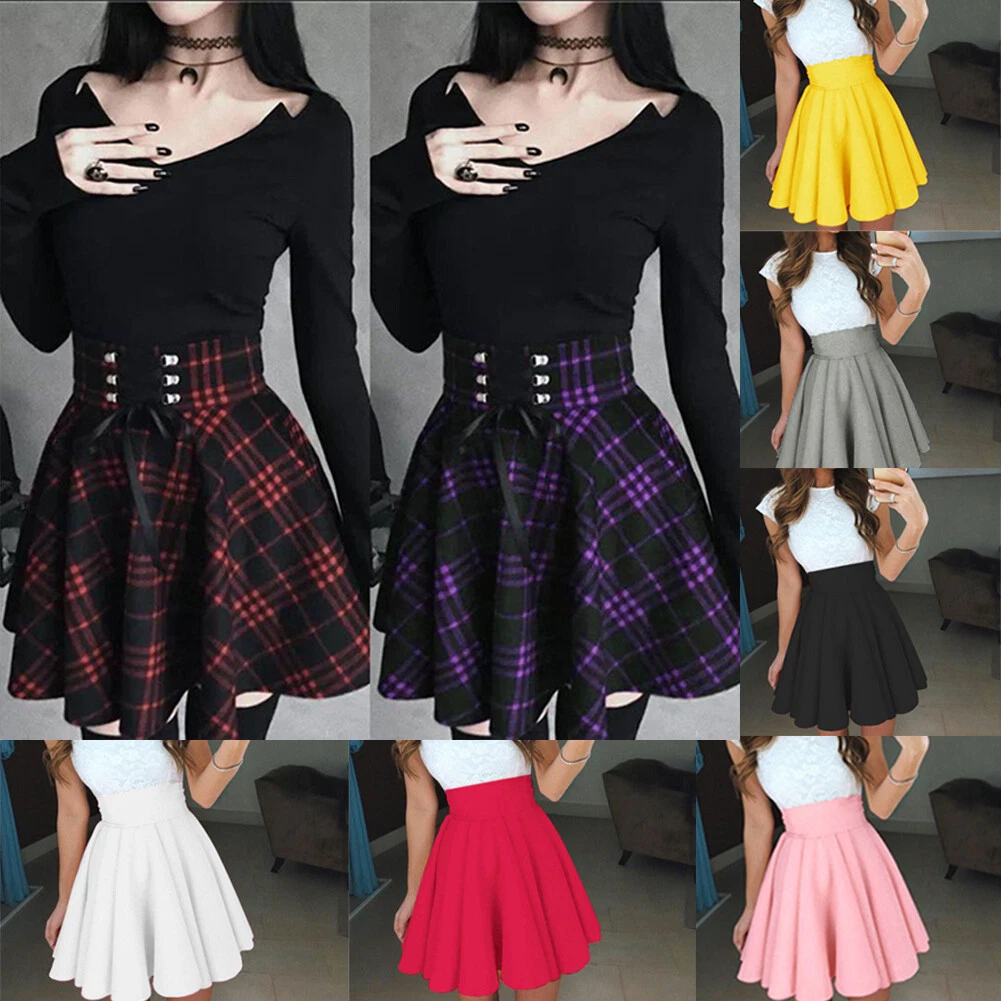 Women High Waist A Line Mini Skirt Lady Lace Up Plaid Pleated