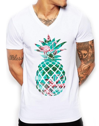 Flamingo Pineapple V Neck T Shirt Deep 