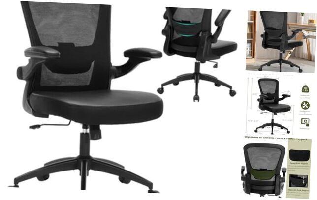 Ergonomic PU Leather Mesh Desk Chair with Lumbar Support and Flip-Up Armrests-image