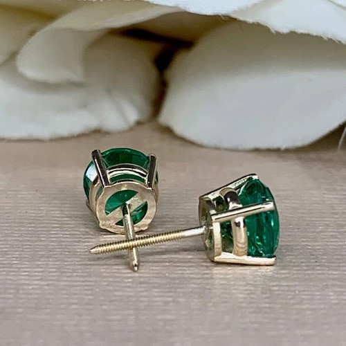 5 mm Lab Created Emerald 925 Silver Stud Earrings 14K Yellow Gold Plated Silver - Picture 2 of 2