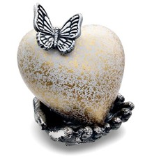GOLD Butterfly Heart Cremation Urn for Ashes with Hand Shape Stand Memorial