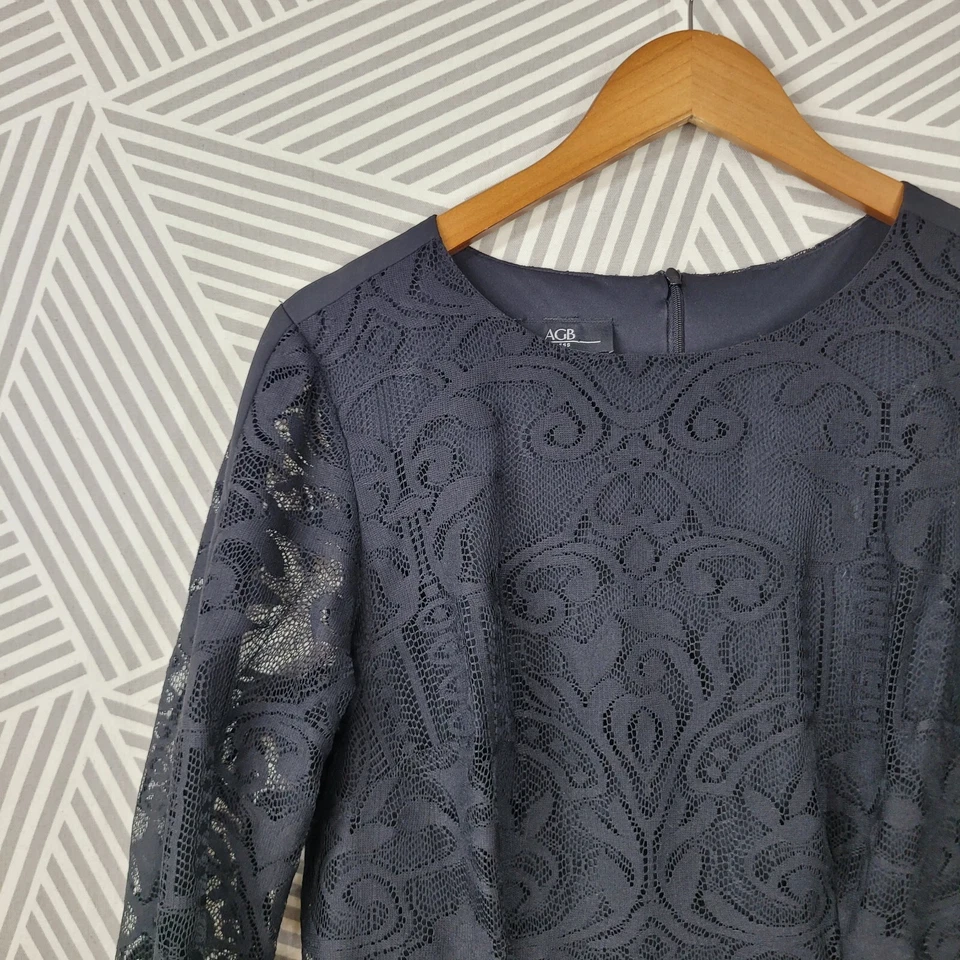 Vestido AGB Talla 14 Fiesta Encaje Gótico Alt Forrado Negro LBD Mujer Manga Larga Clásico Foto 3 de 4