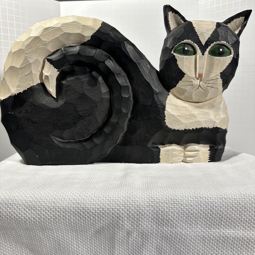 James Haddon Folk Art Cat Carved Wood Black White Green Eyes Signed Large 15 in. - 第 1/21 張圖片