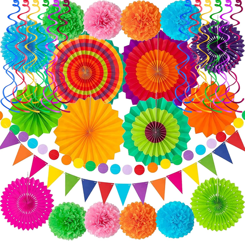 32Pcs Cinco De Mayo Decorations Fiesta Party Decorations Multi-Color Paper Fans