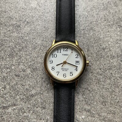 Timex Easy Reader Womens Watch Gold Tone Case White Dial Black Leather Band B-X