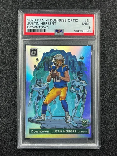 JUSTIN HERBERT PSA 9 2020 PANINI DONRUSS OPTIC #31 DOWNTOWN ROOKIE HOLO PRIZM RC