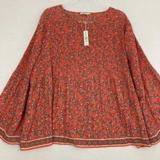 New Max Studio Red Ditsy Floral Flare Sleeve Pleated Boho Feminine Top 1X