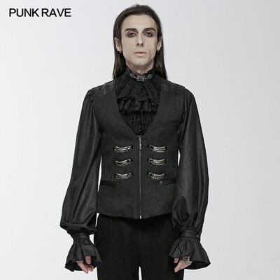 Punk Rave Man Black Gothic Dragon Scale Textured Jacquard Vest Retro Waistcoat