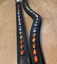 Leather Browband - Sewn In Glass Rhinestones - Aquamarine Peach Siam - 13-18”