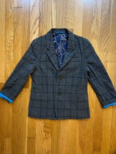 Mini Boden Boys' Tweed Blazer Blue Windowpane Check Pattern Map-print Lining 9Y