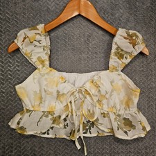 Coquette Floral Ruffle Crop Top Sweetheart Tie Front Smocked Back Cap Sleeve