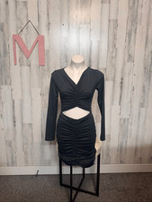 Fashion Nova Black Ruched Cutout Bodycon Dress Long Sleeve Mini Size Medium