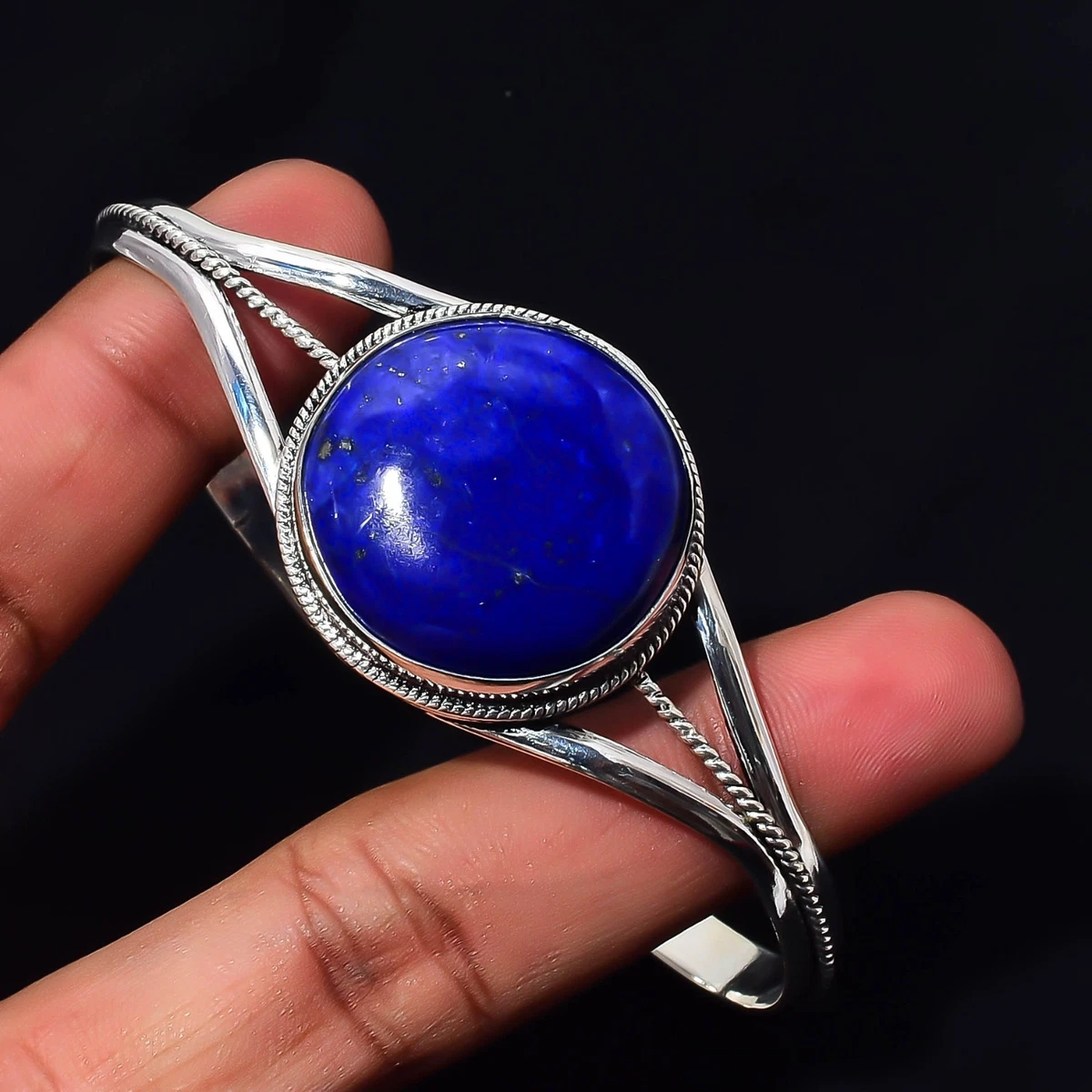 Lapis Lazuli Gemstone 925 Sterling Silver Handmade Bangle Jewelry Gift For