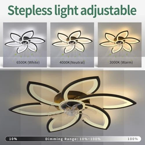 30inch Black Flower Modern CeilingFans with Lights, Low Profile 30" Black-Petal - Image 2 of 4