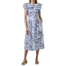 Sugarlips Francine Toile Sky Santana Tie Back Ruffle Midi Dress Blue White Sz M