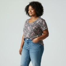Lucky Brand Floral Scoop Neck Tee NWT Women's Sz 1X Gray Pink Short Sleeves Boho