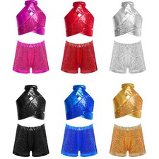 Kids Girls Set Shiny Costume Yoga Dancewear Sports Outfit Metallic Dance Latin