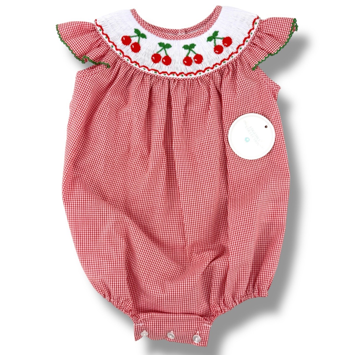 Edgehill Collection Cherry Smocked Bishop Bubble Romper Baby Girl Sz 18 Mos