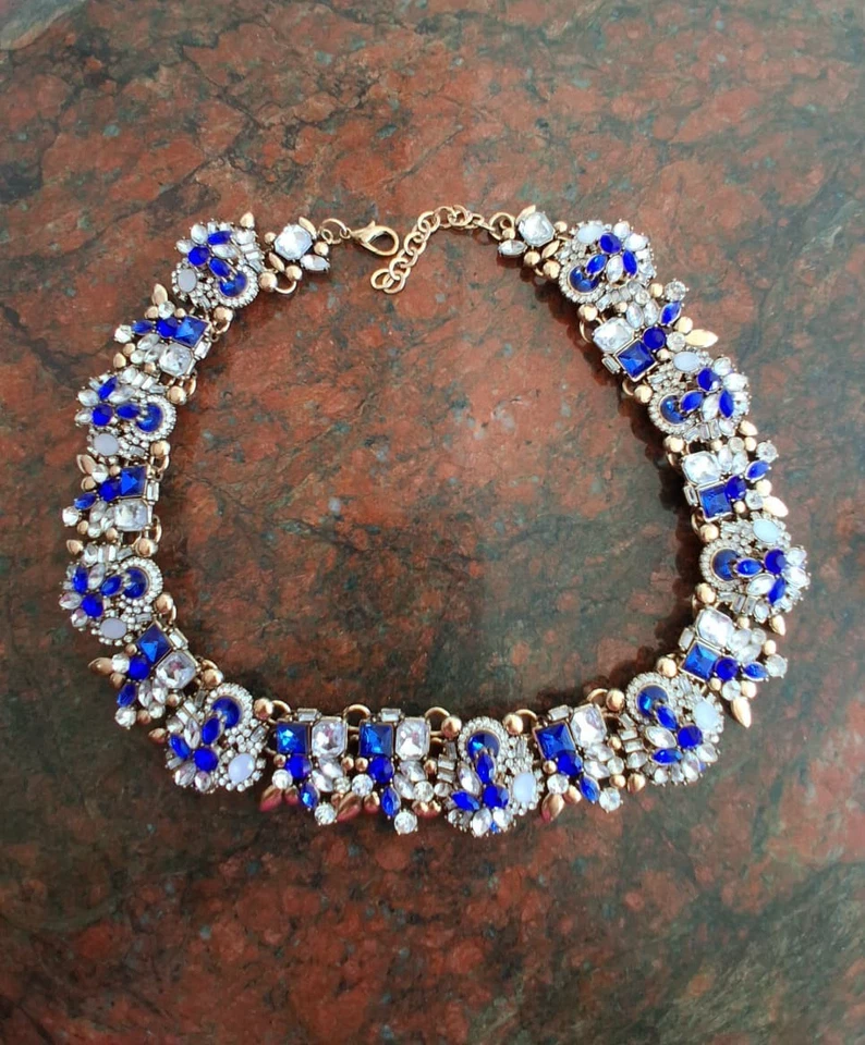 Beautiful Blue Rhinestone Collar Necklace - Glam Statement - Image 3 of 4