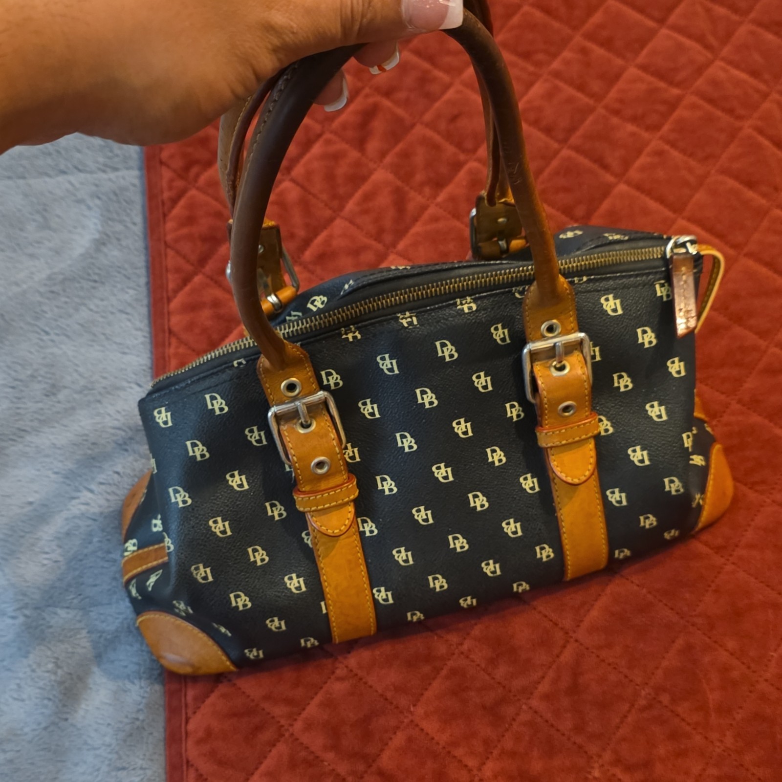 Dooney & Bourke Black Brown Logo Satchel Double Handles Zip Buckle Accent