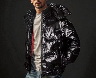 Men s Black Shiny Puffer Jacket   Hooded, Lightweight, Streetwear Style, Size- M