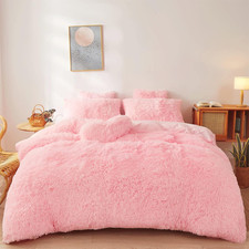 Fluffy Pink Faux Fur Queen Comforter Set - Soft Plush 3 Piece Bedding