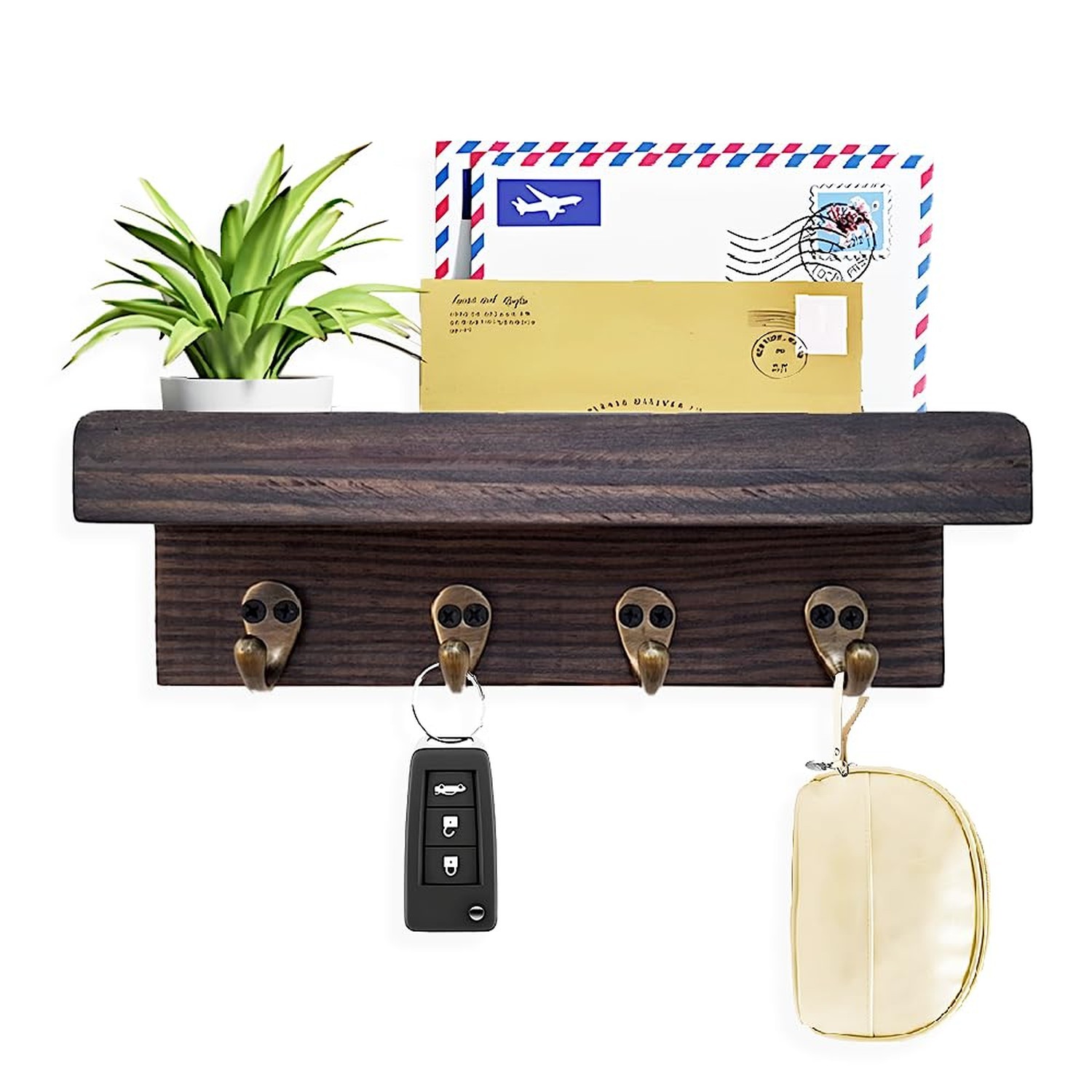 Rustic Key Holder, Farmhouse Shelf with 4 Hooks, Wall Mounted Key Racks, Wood...