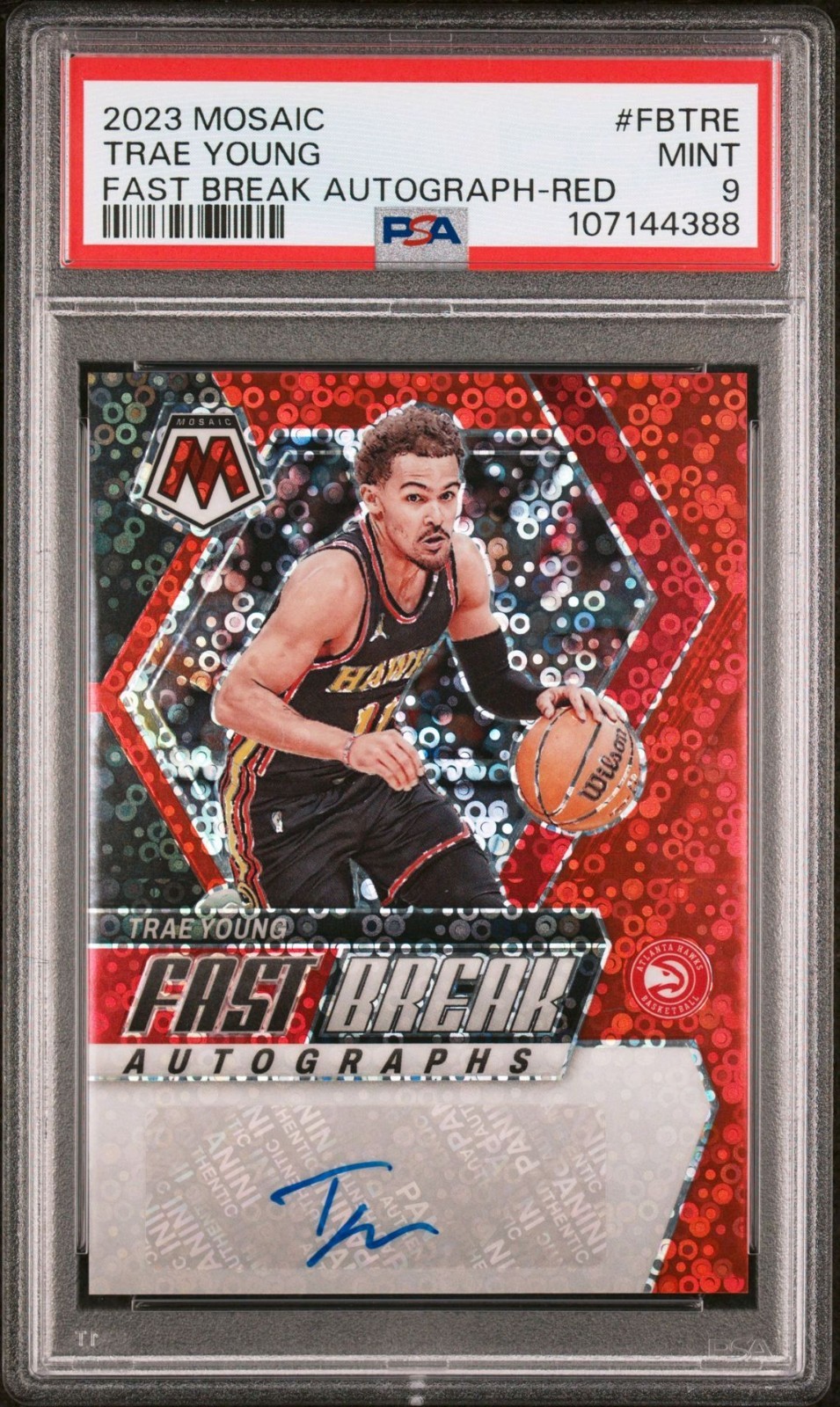 Trae Young 2023 Panini Mosaic Fast Break Auto Red SP /25 PSA 9 #FB-TRE Hawks view 1