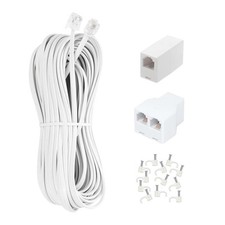 White 100FT Long Telephone Extension Cord RJ11 Cable Splitter Coupler 65 Clips