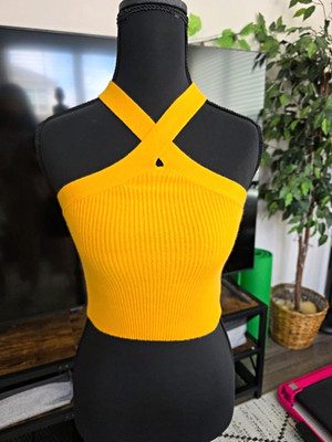 Kendall & Kylie Yellow Solid Ribbed Knit Halter Strap Sleeveless Cropped Tank XS