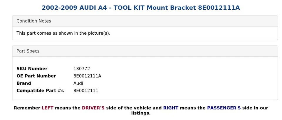 AUDI A4 2002-2009 - KIT DE HERRAMIENTAS Soporte de montaje 8E0012111A Foto 3 de 4