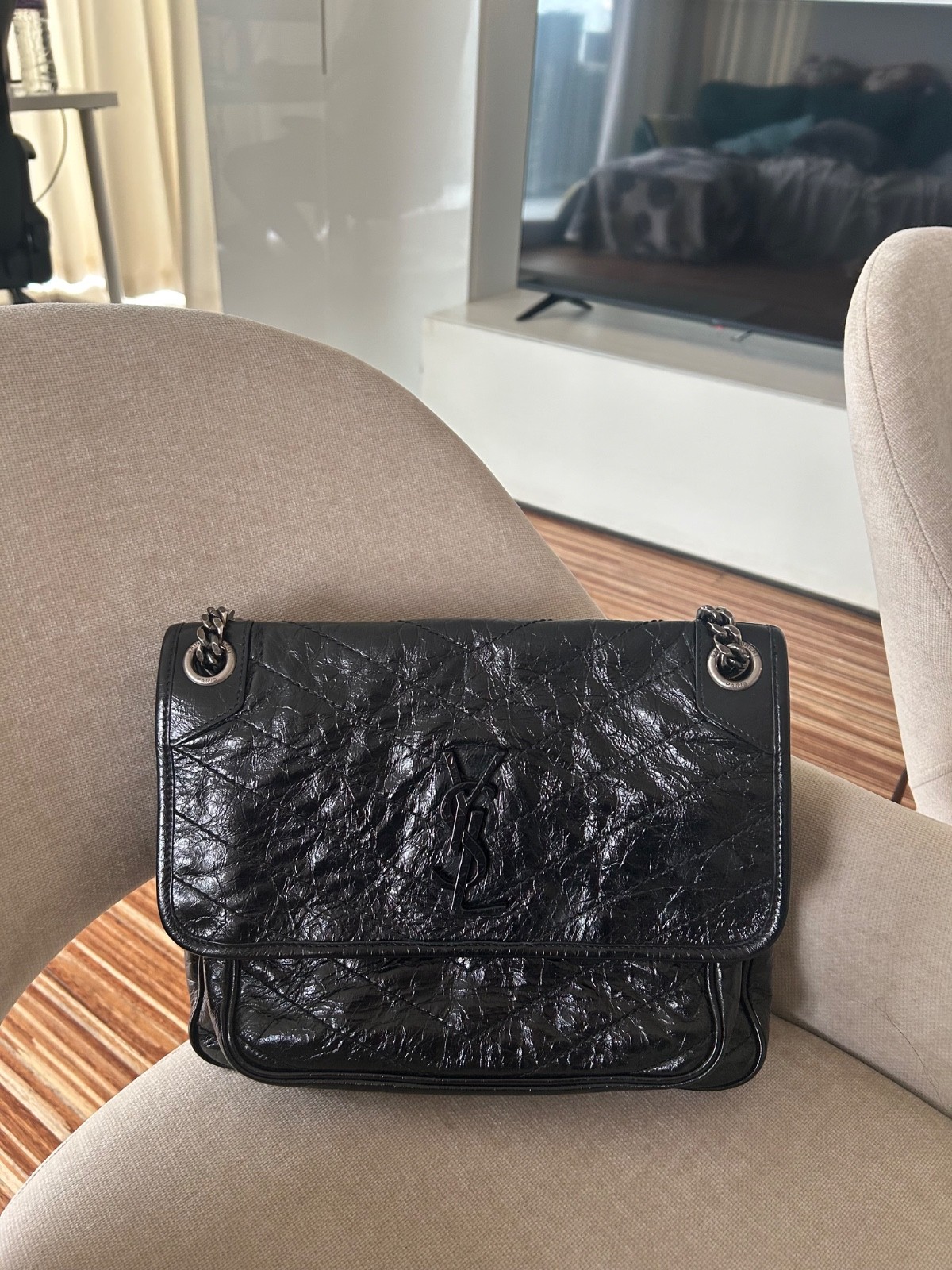 Saint Laurent YSL Medium Niki Bag Black Croc-Embossed Leather