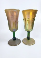 Vintage Phoenix Studios Carl Radke Gold Iridescent Hand Blown Art Glass Goblets