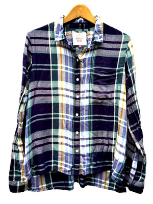 SO Perfect Shirt womens relaxed XL blue & green PLAID long-sleeved RAYON top