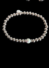 TJ Signed Silver Tone Beaded Stretch Bracelet White Stone Focal Bead Boho Round