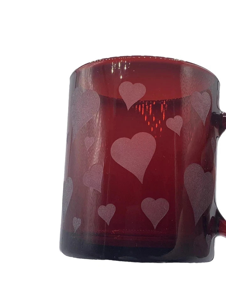  Vtg Ruby Red Glass with Etched Hearts 8oz Coffee/Tea Cup Made in France  - Image 3 of 4