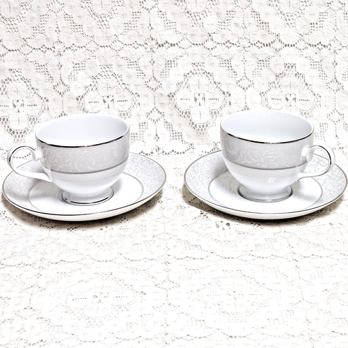 Mikasa Parchment Cup & Saucer Sets L3438 Scrolls Thailand Platinum 2 Sets New