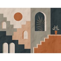 Fototapete Vlies Abstrakt HäUser Mediterran Grau Blau Orange 39895-1 (4,71€/1Qm)