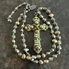 Vintage Miriam Haskell Cross Pendant Beaded Necklace Green Copper 16”