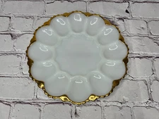 Vintage Anchor Hocking White Milk Glass Deviled Egg Dish Plate Platter Gold Trim