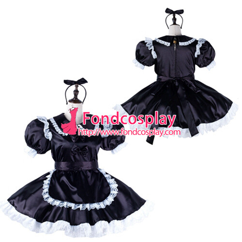 Sissy Maid Black Satin Lockable Dress Cosplay Costume - Picture 7 of 15